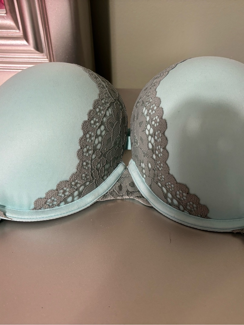 Victoria's Secret Light Blue Strapless Bra with Gray Lace